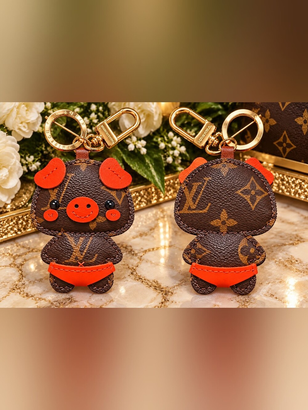 NEW Louis Vuitton Brown and Orange Pig Keychain